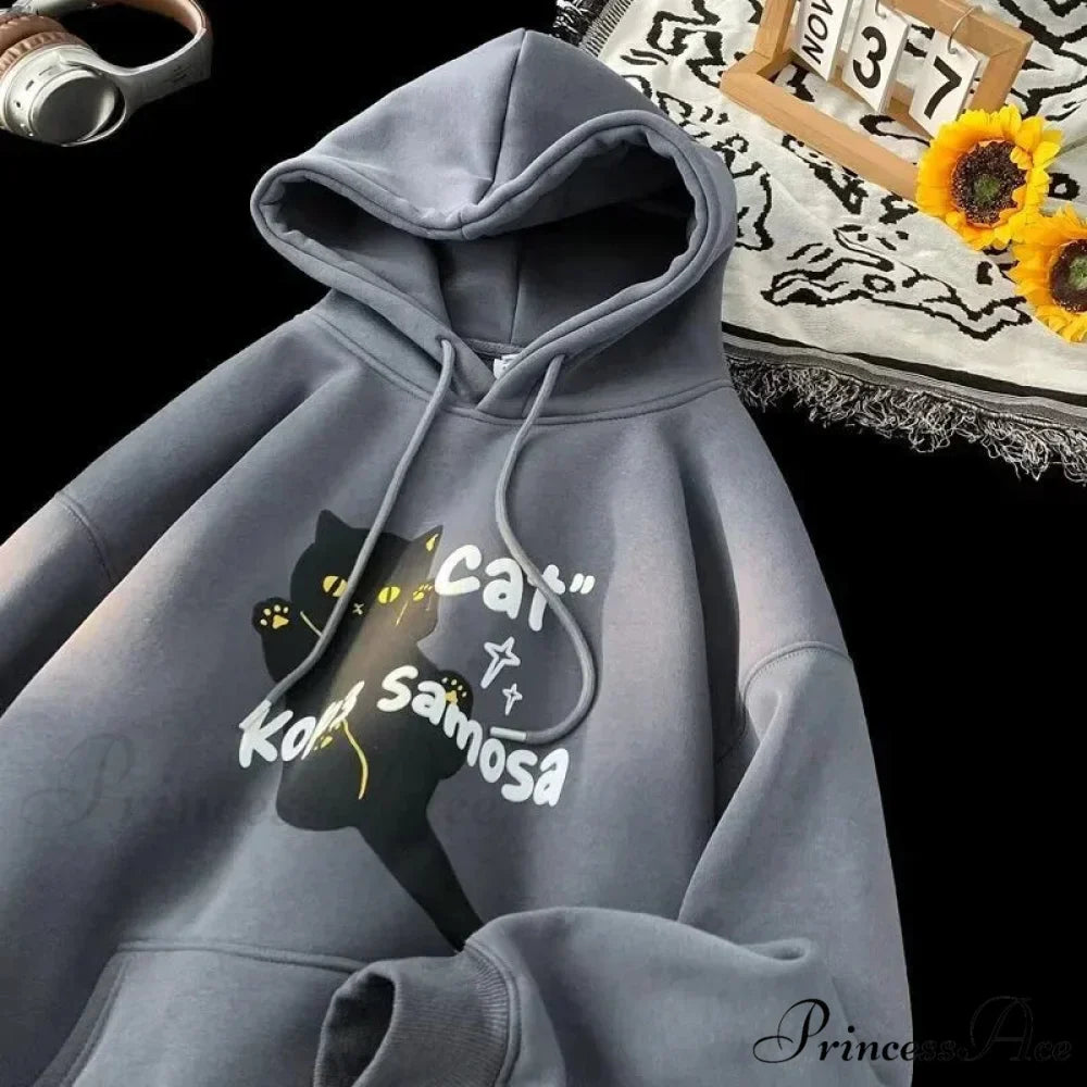 Cute Anime Feline Graphic Vintage Hoodie