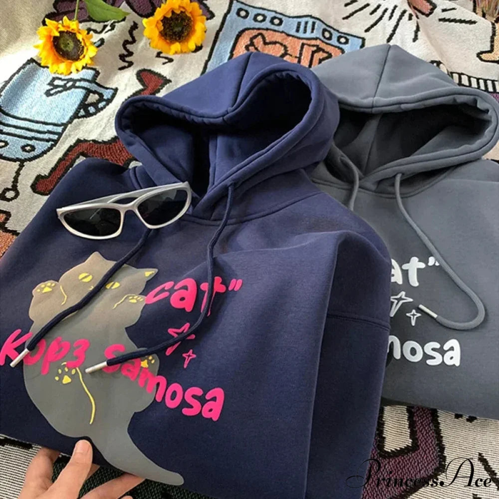 Cute Anime Feline Graphic Vintage Hoodie