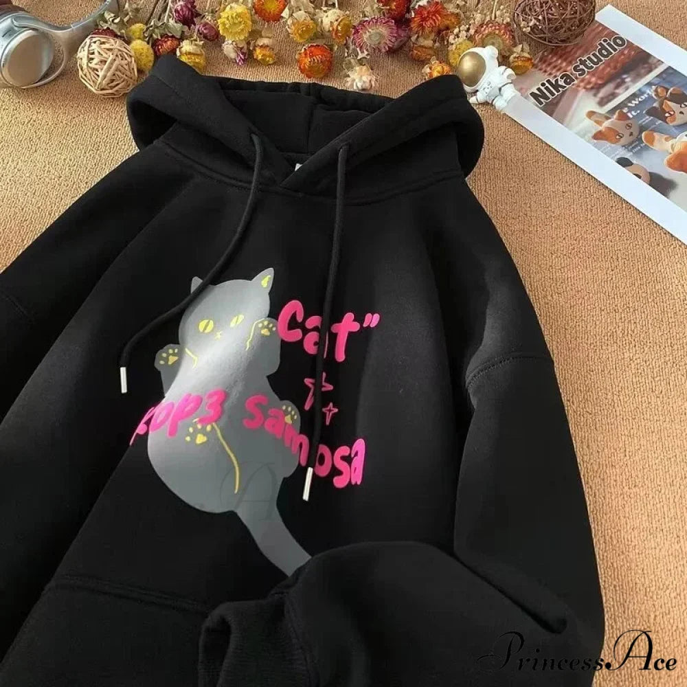 Cute Anime Feline Graphic Vintage Hoodie