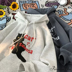 Cute Anime Feline Graphic Vintage Hoodie