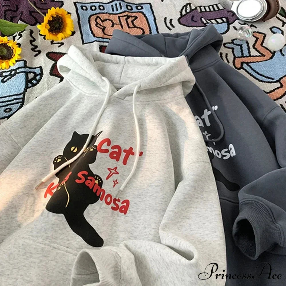 Cute Anime Feline Graphic Vintage Hoodie