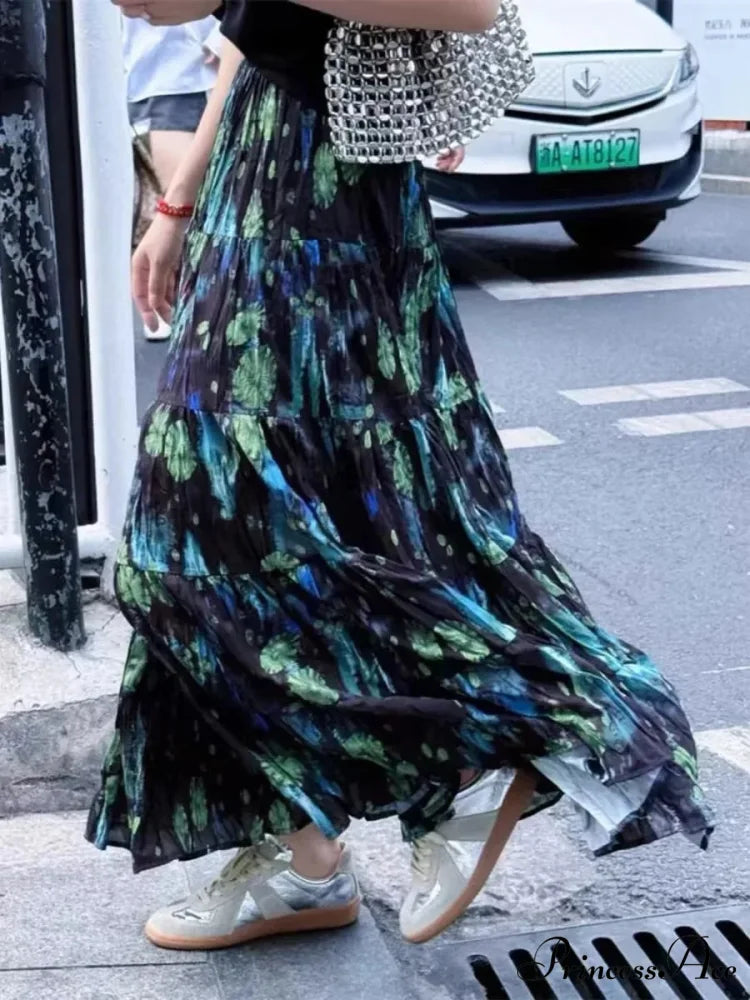 Cute Bohemian Floral Maxi Skirt Summer Vintage Romantic