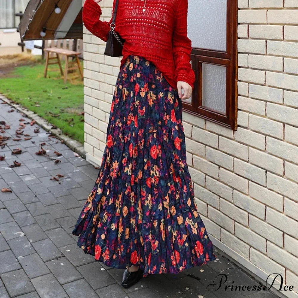 Cute Bohemian Floral Maxi Skirt Summer Vintage Romantic