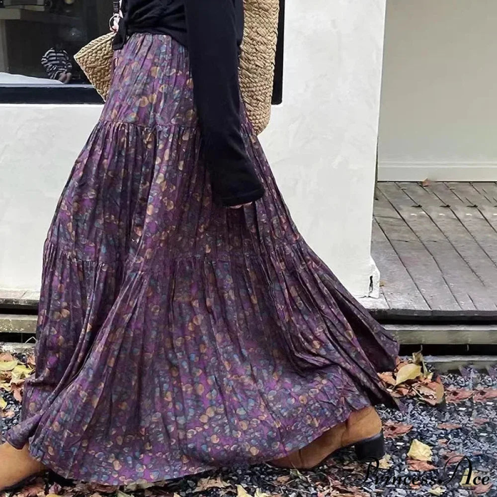 Cute Bohemian Floral Maxi Skirt Summer Vintage Romantic