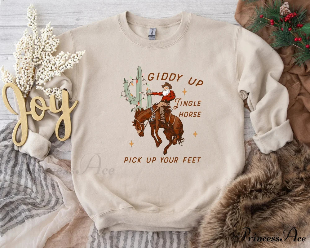 Cute Giddy Up Jingle Horse Cotton Slogan Christmas Hoodie