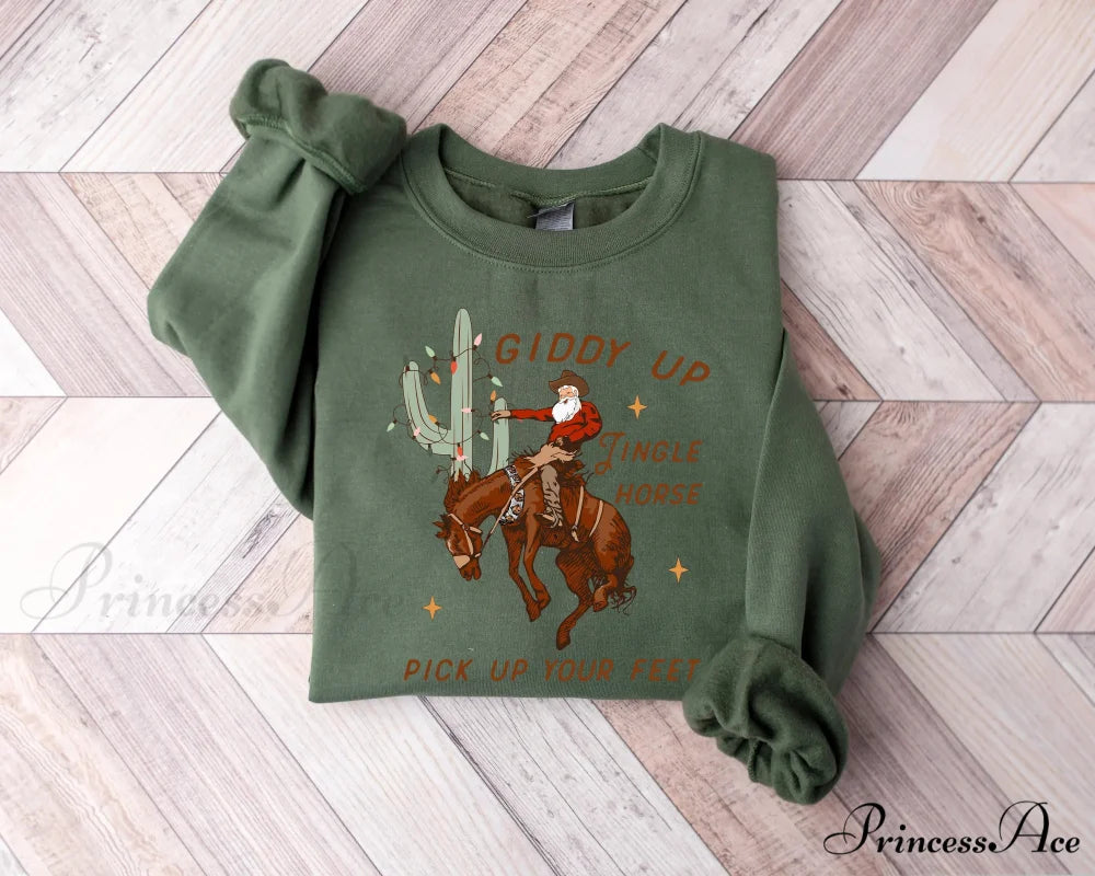 Cute Giddy Up Jingle Horse Cotton Slogan Christmas Hoodie