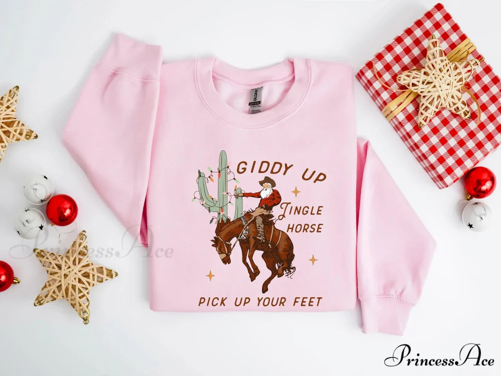 Cute Giddy Up Jingle Horse Cotton Slogan Christmas Hoodie