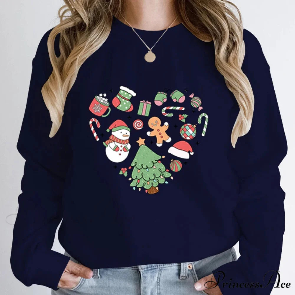Cute Heart Tree Snowman Fashion Loose Round Neck Christmas Hoodie