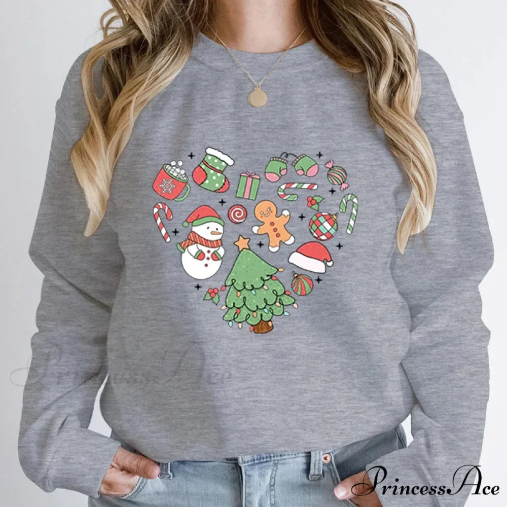 Cute Heart Tree Snowman Fashion Loose Round Neck Christmas Hoodie
