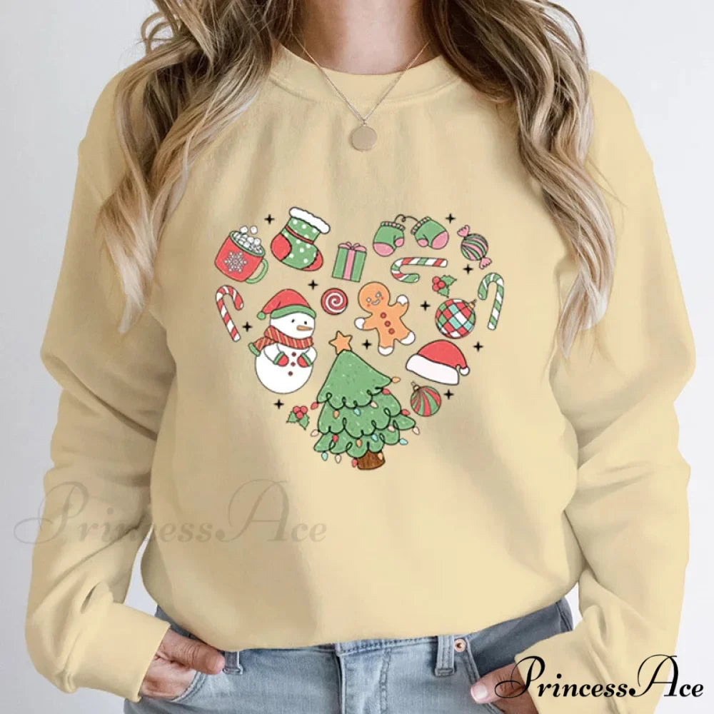 Cute Heart Tree Snowman Fashion Loose Round Neck Christmas Hoodie