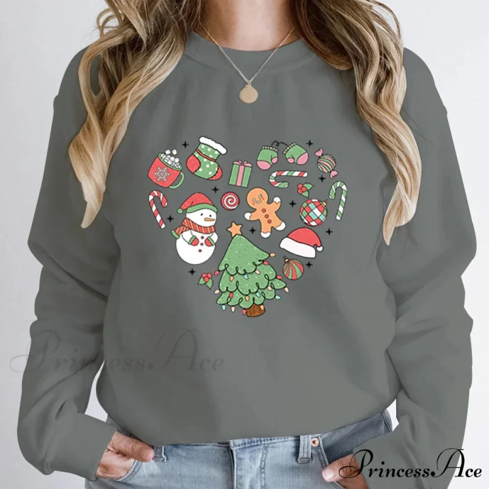 Cute Heart Tree Snowman Fashion Loose Round Neck Christmas Hoodie