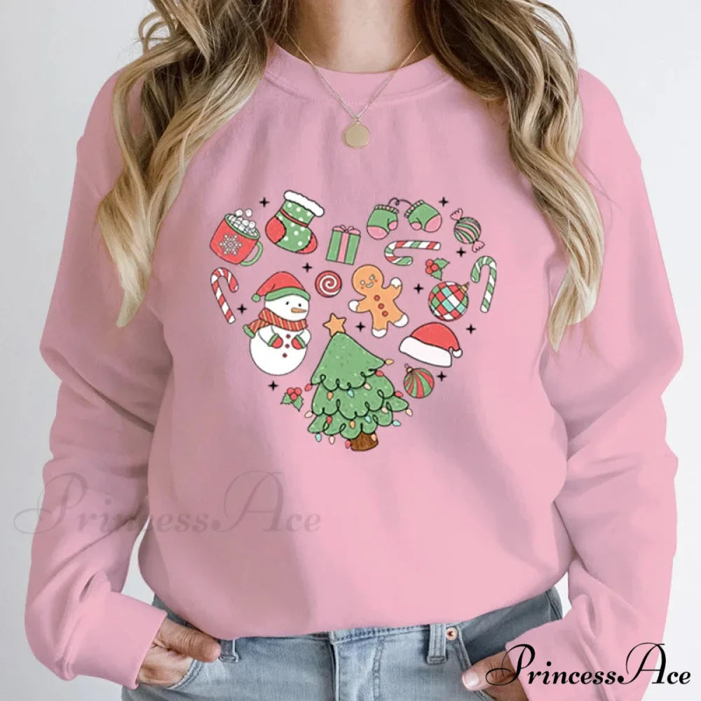 Cute Heart Tree Snowman Fashion Loose Round Neck Christmas Hoodie