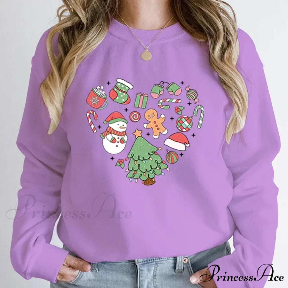 Cute Heart Tree Snowman Fashion Loose Round Neck Christmas Hoodie
