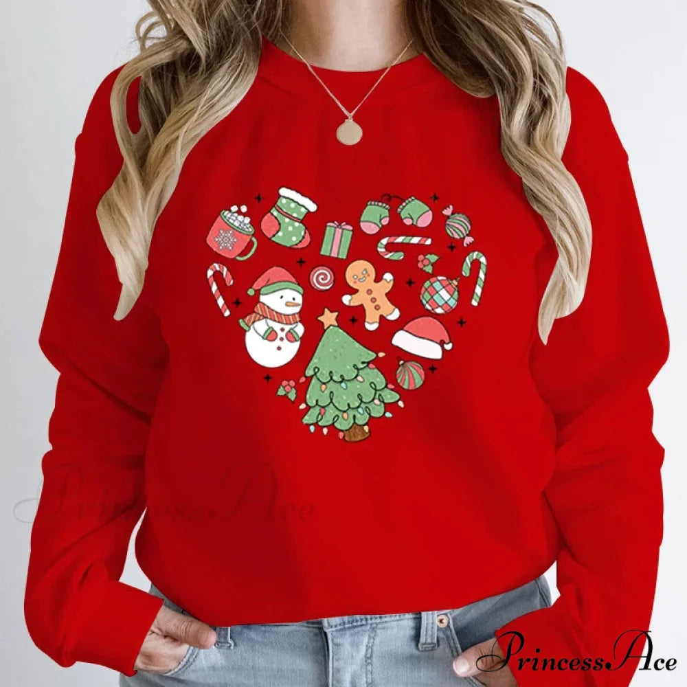 Cute Heart Tree Snowman Fashion Loose Round Neck Christmas Hoodie