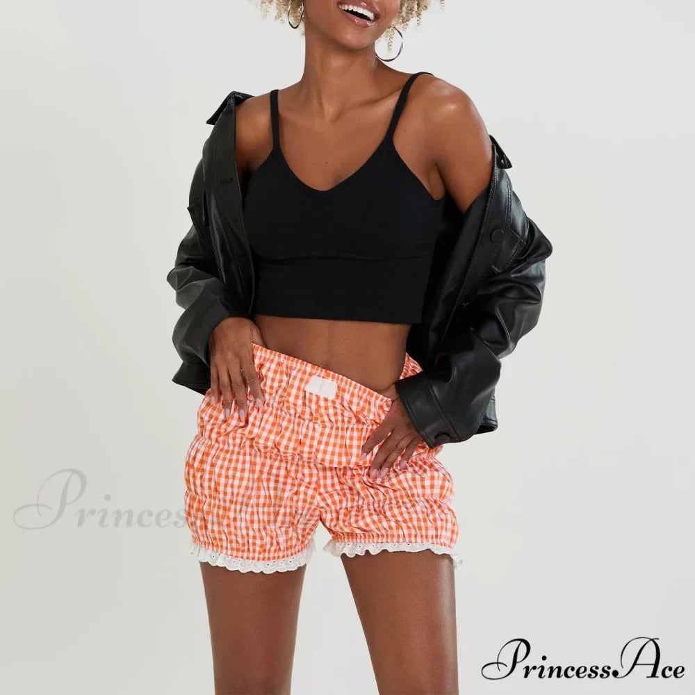 Cute Lace Hem Plaid Bloomer Short