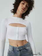 Cutout Button Up Long Modern Sleeve Crop Knit Top