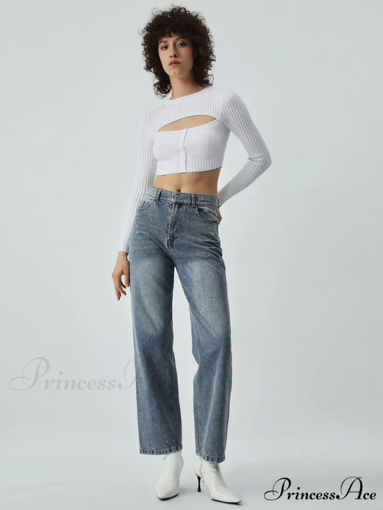 Cutout Button Up Long Modern Sleeve Crop Knit Top