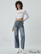 Cutout Button Up Long Modern Sleeve Crop Knit Top
