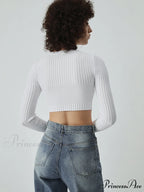 Cutout Button Up Long Modern Sleeve Crop Knit Top