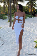 Cutout Drawstring Side Slit Dress with Strapless Design