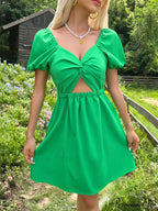 Cutout Mini Color Arm Front Puff Solid Twist Gown for Women