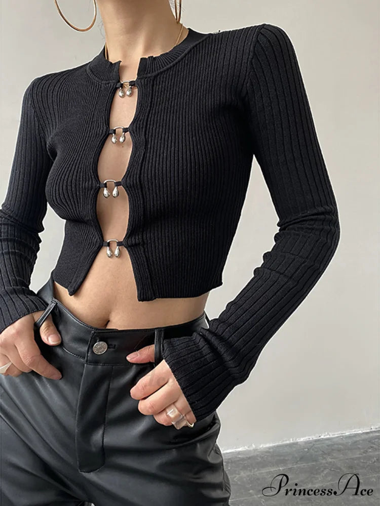 Cutout Split Beads Trendy Detail Ribbed Knit Top
