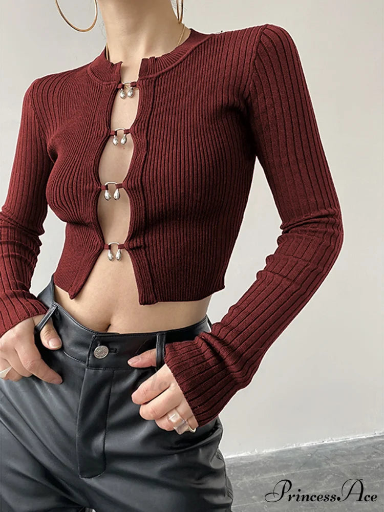 Cutout Split Beads Trendy Detail Ribbed Knit Top