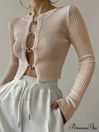 Cutout Split Beads Trendy Detail Ribbed Knit Top