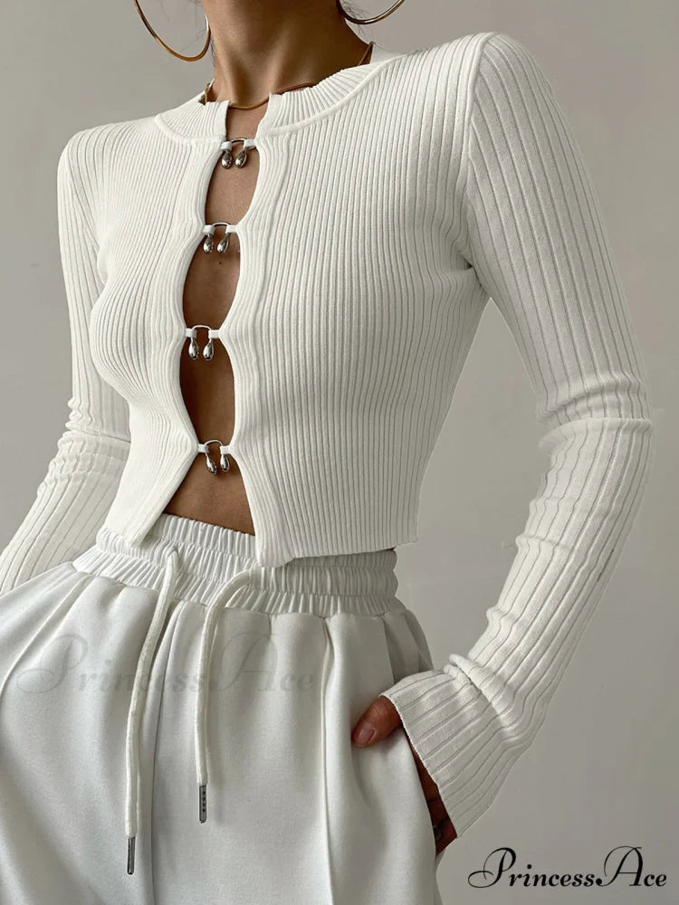 Cutout Split Beads Trendy Detail Ribbed Knit Top