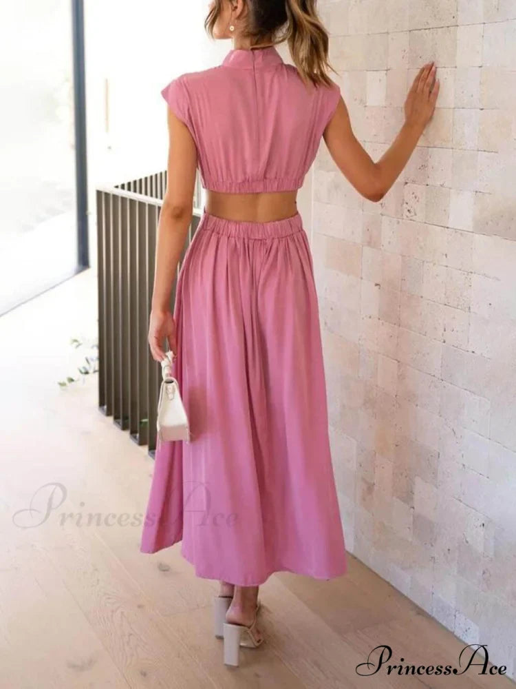 Cutout Waist Pocketed Charming Vacation Midi Dress