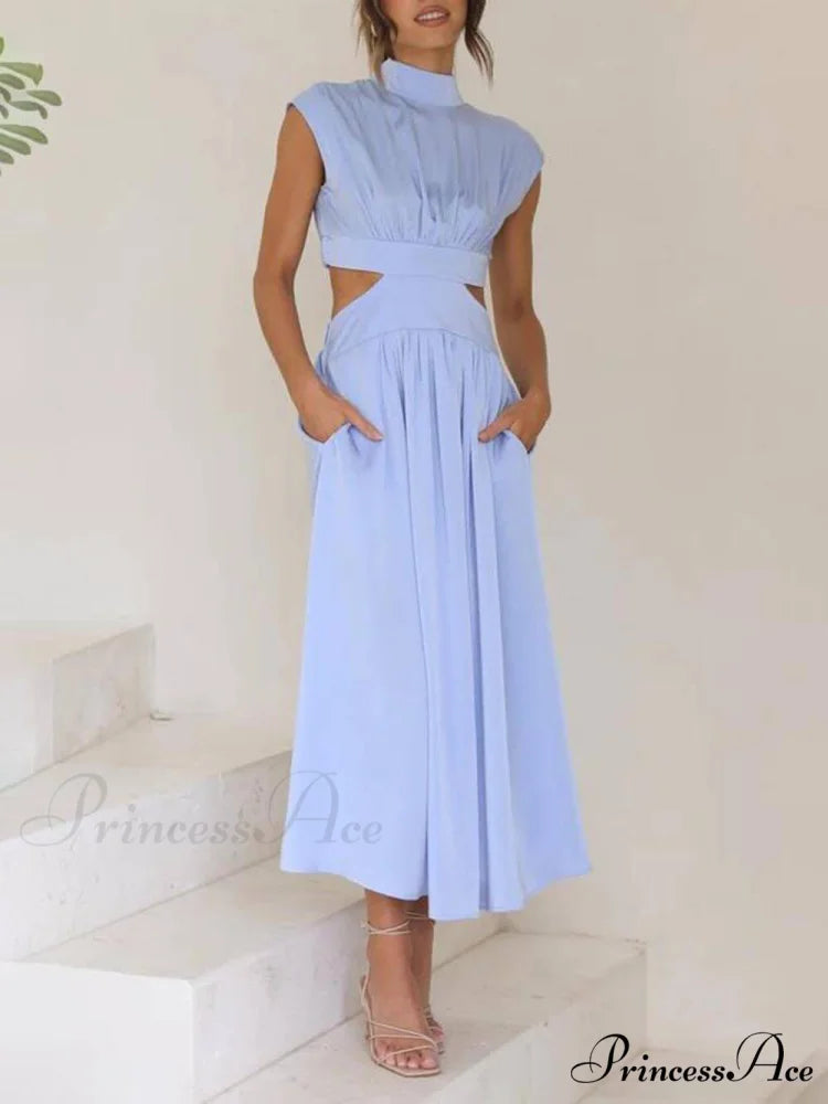 Cutout Waist Pocketed Charming Vacation Midi Dress
