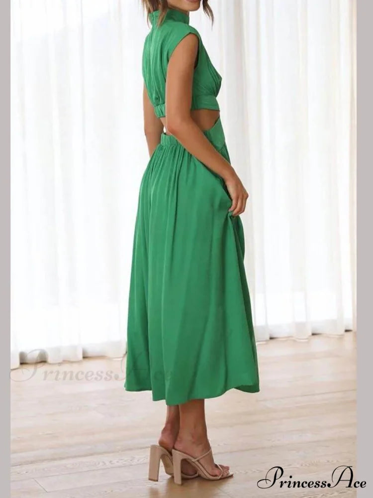 Cutout Waist Pocketed Charming Vacation Midi Dress