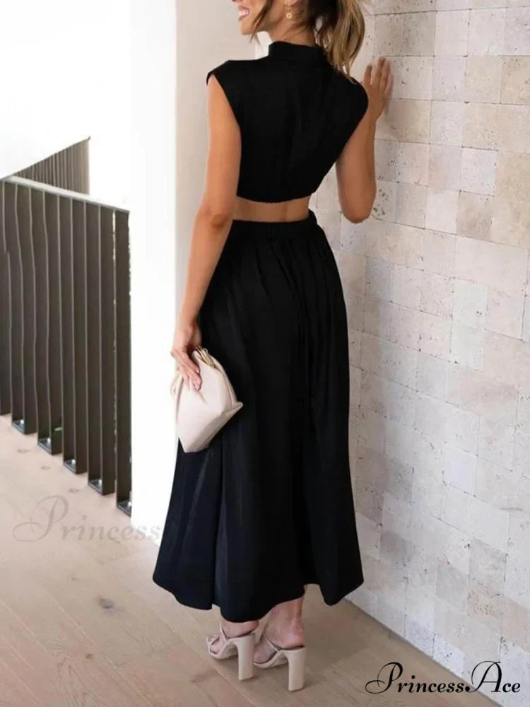 Cutout Waist Pocketed Charming Vacation Midi Dress