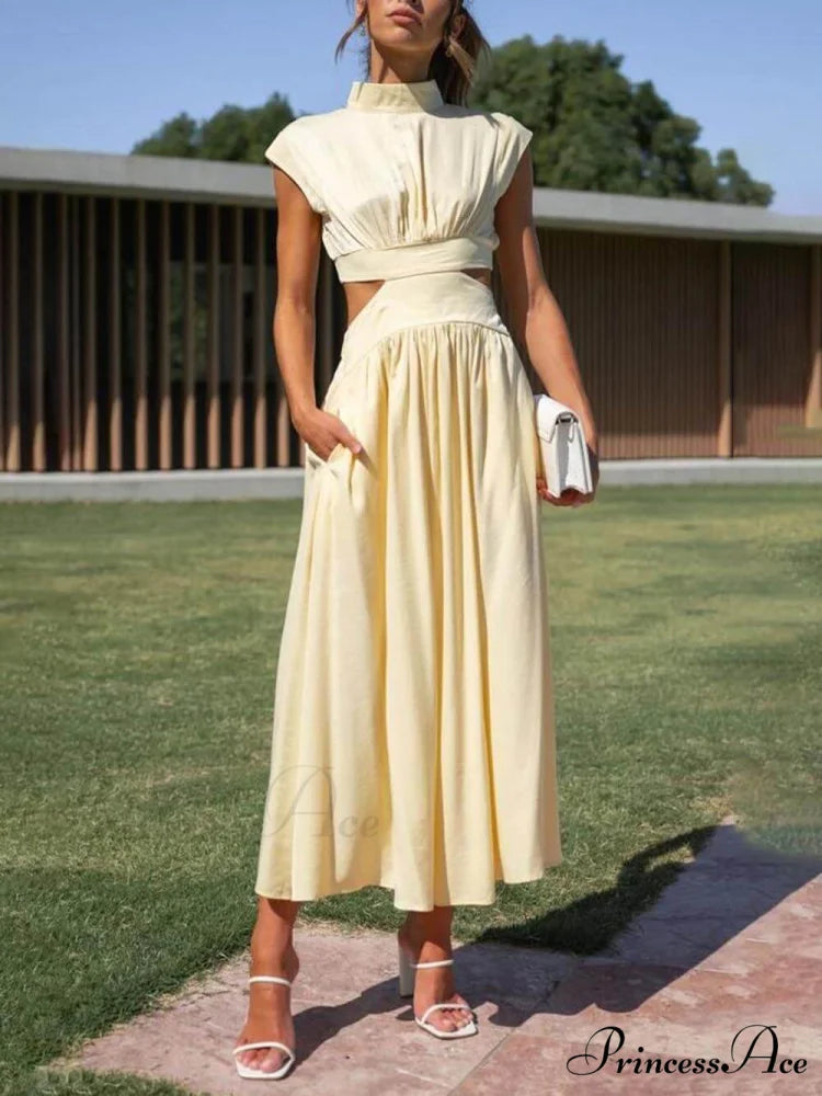 Cutout Waist Pocketed Charming Vacation Midi Dress