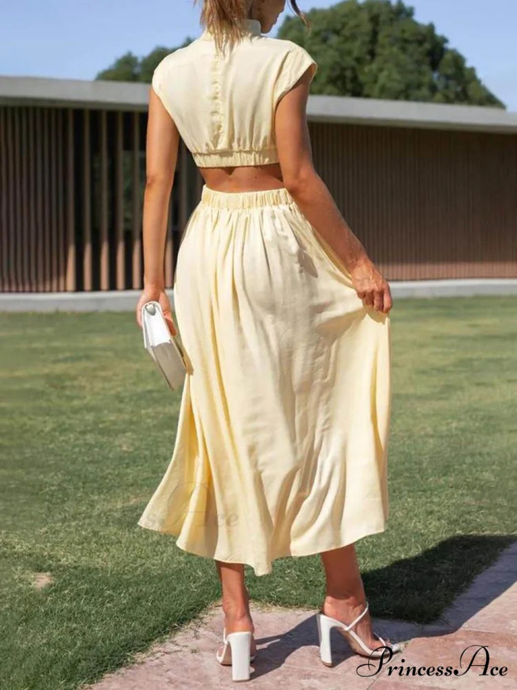 Cutout Waist Pocketed Charming Vacation Midi Dress