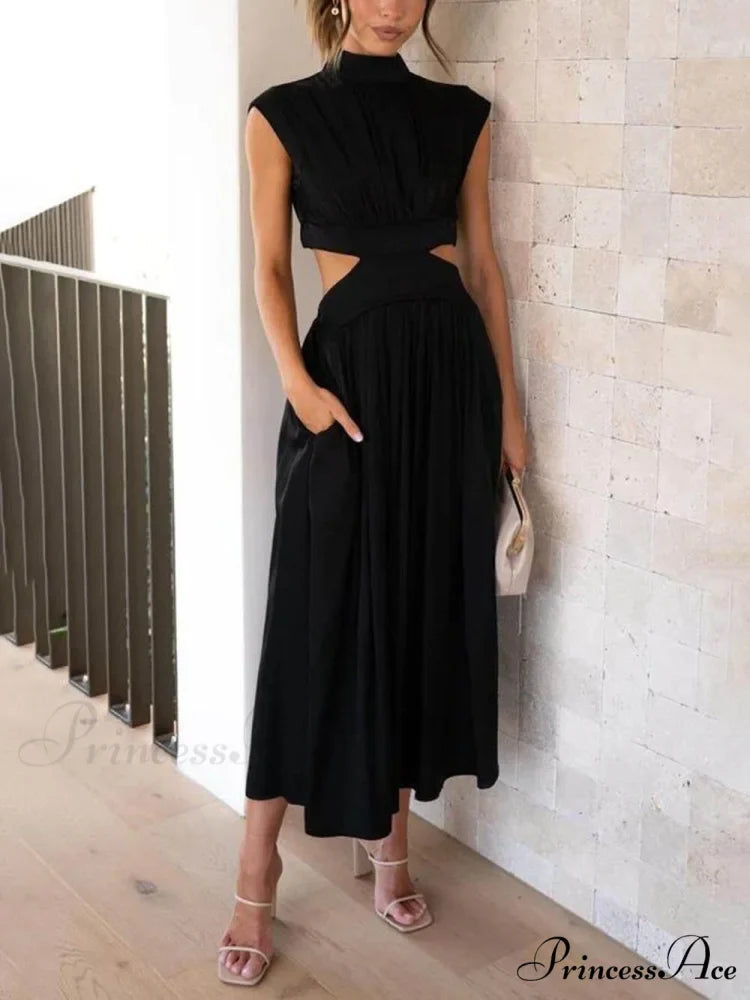 Cutout Waist Pocketed Charming Vacation Midi Dress