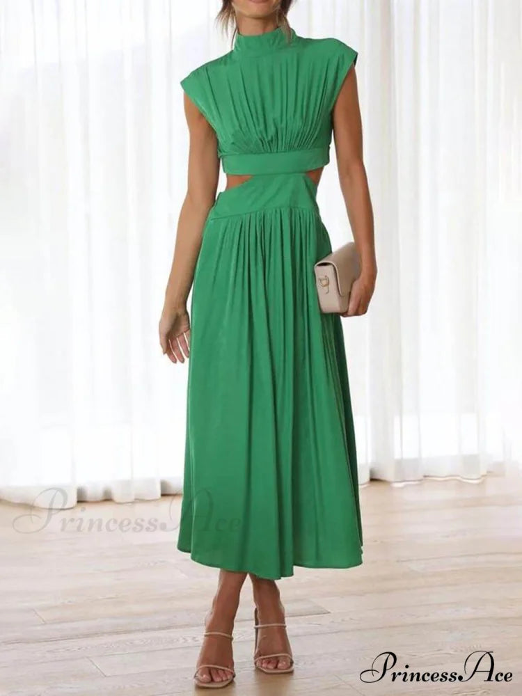 Cutout Waist Pocketed Charming Vacation Midi Dress