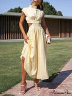Cutout Waist Pocketed Charming Vacation Midi Dress