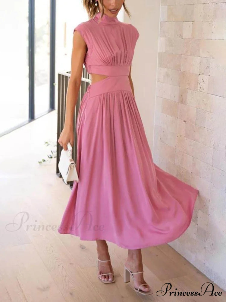 Cutout Waist Pocketed Charming Vacation Midi Dress