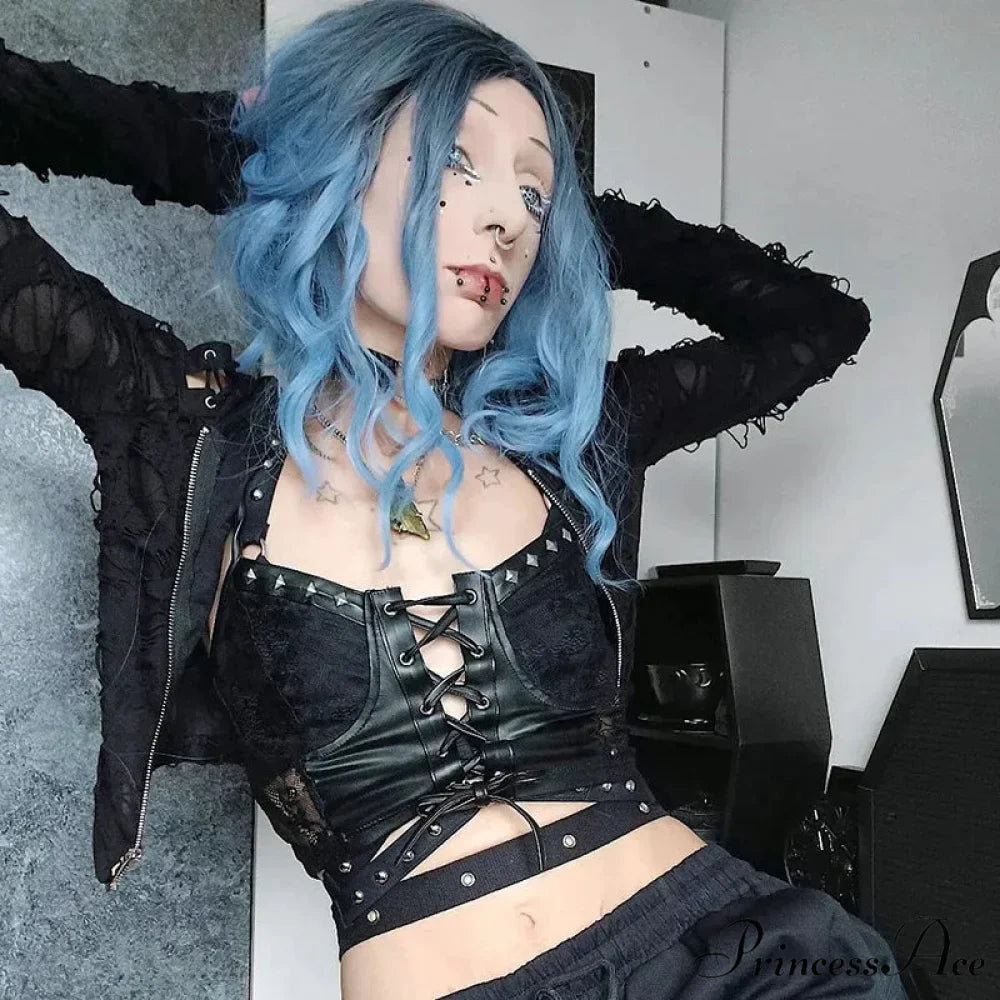 Cyber Gothic PU Leather Lace-up Y2K Emo Grunge Crop Top