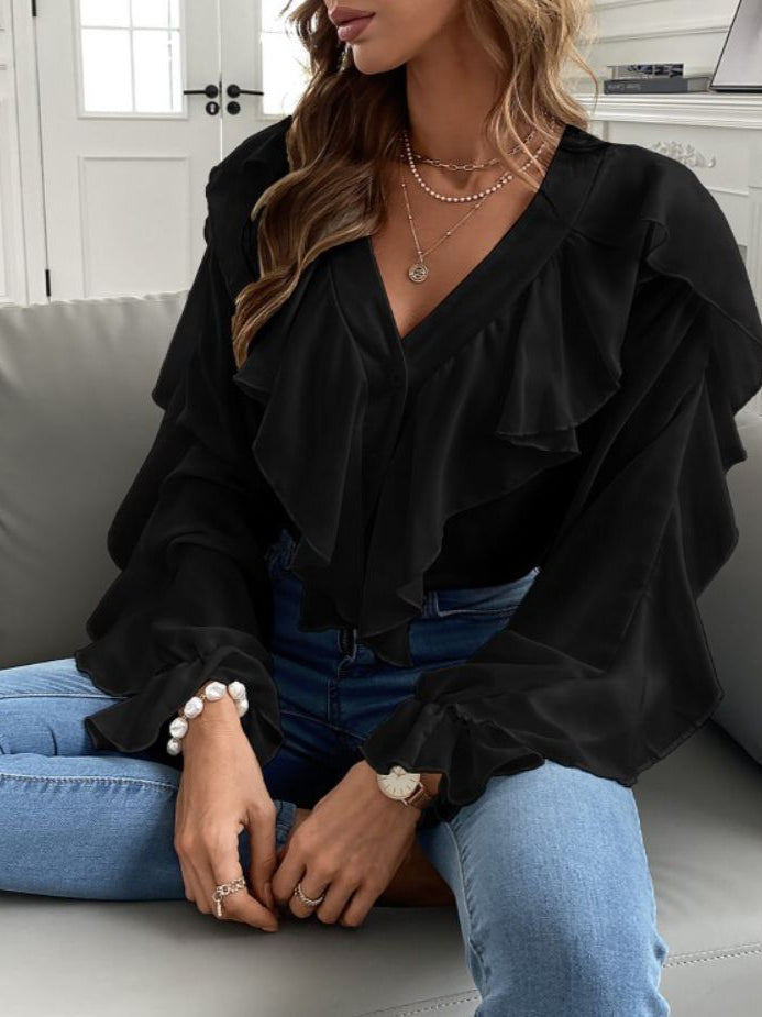 Ruffled V-Neck Long Sleeve Blouse