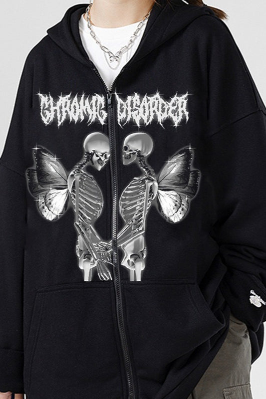 Skull Butterfly Rhinestone Zip Hoodie