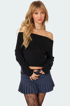 Off-Shoulder Fitted Knit Sweater
