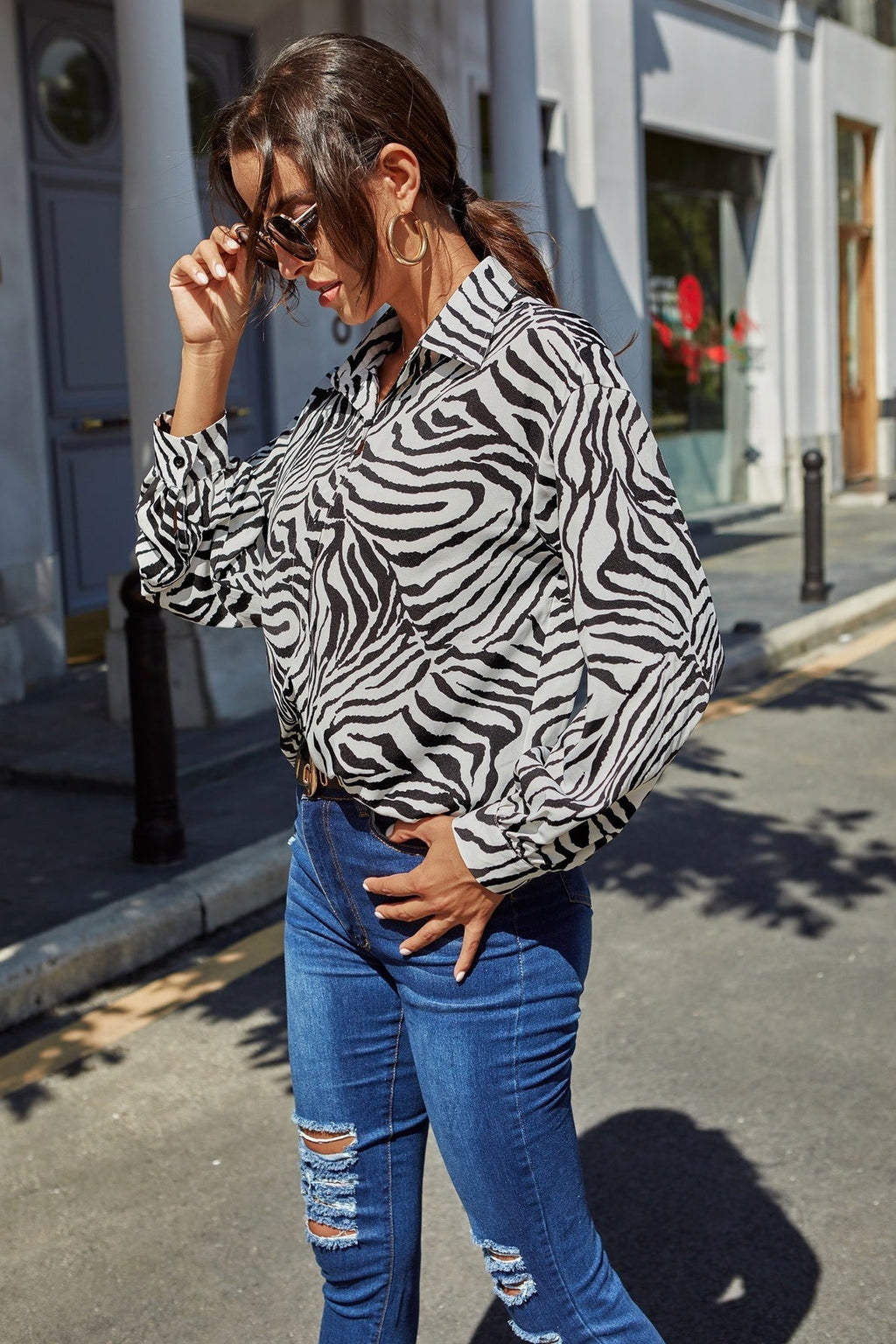 Leopard Print Long Sleeve Chiffon Blouse