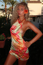 Backless Satin Halter Floral Dress