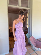 Elegant Neck Strap Ruffles Backless Floral Dress