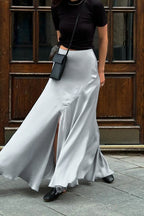 Satin High-Slit A-Line Midi Skirt