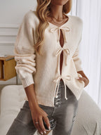 Loose Fit Button-Down Tie-Front Solid Color Sweater