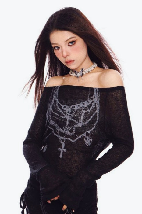 Y2K Off-Shoulder Mesh T-Shirt