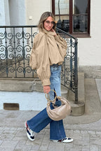 Loose Fit Khaki Puff Sleeve Jacket